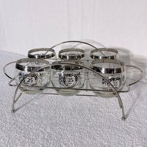 Vintage MCM 25th Anniversary Roly Poly Glasses W Silver Rim & Chrome Caddy